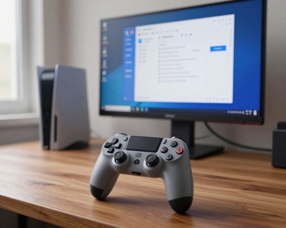 A detailed view of a PlayStation 4 controller being configured on a Windows computer screen. The foreground features a sleek PS4 controller with glowing buttons, placed on a polished wooden desk. The middle ground shows a computer monitor displaying the Windows settings interface with clear visuals for controller configuration, including options for button remapping and sensitivity adjustments. In the background, a modern, minimalistic workspace setting is visible, with soft natural lighting streaming in from a nearby window, creating a warm and inviting atmosphere. The scene conveys a sense of productivity and technology, capturing the essence of gaming ergonomics and setup in a professional environment.