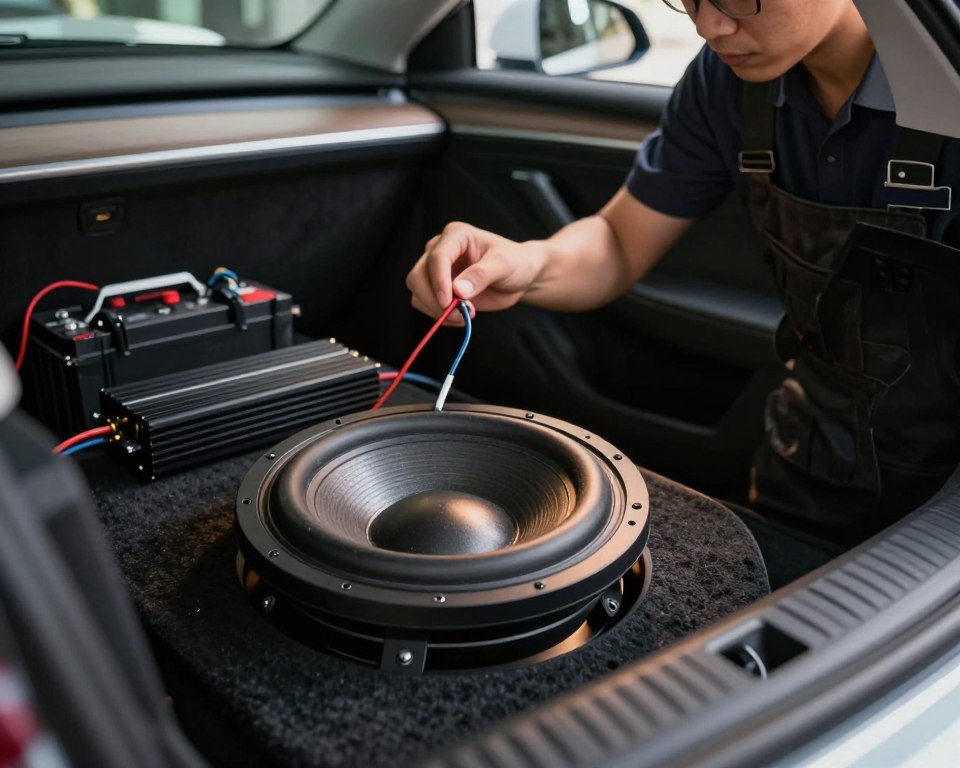 A detailed view of a car interior showcasing the installation of an active subwoofer. In the foreground, the subwoofer is prominently placed in the trunk area, with visible wiring connecting it to an amplifier and car battery. The middle ground features a person in professional attire, carefully connecting the wires, focused on the task. The background captures the interior of a modern car, accentuating the sleek design and audio equipment. Soft, warm lighting highlights the subwoofer and wiring for clarity, while a slightly angled perspective adds depth to the scene. The atmosphere is one of concentration and technical expertise, evoking a sense of accomplishment in audio installation.