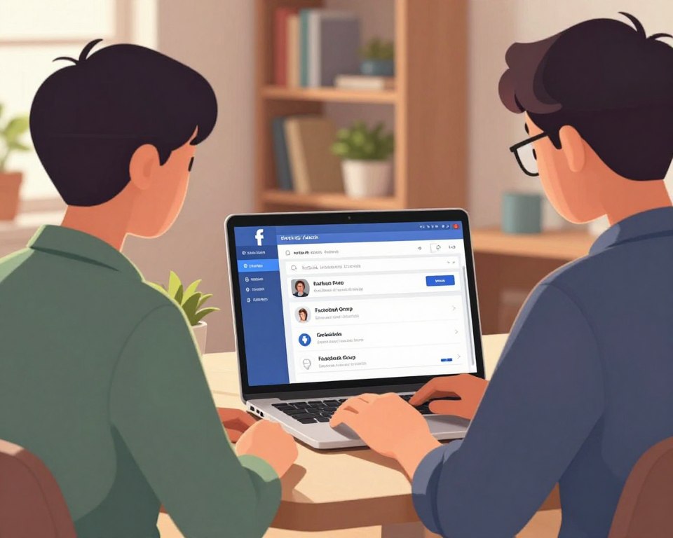 A digital illustration depicting a person sitting at a desk, focused on their laptop as they navigate through the process of removing a public Facebook group. The foreground features the individual, a young adult in smart casual attire, wearing glasses and concentrating on the screen. In the middle, the laptop displays an open Facebook page with a clear view of the group settings interface, showcasing options for group management. The background consists of a cozy home office environment with bookshelves and potted plants, under warm, soft lighting that creates an inviting atmosphere. The scene conveys a sense of determination and clarity, suggesting an organized approach to digital management.