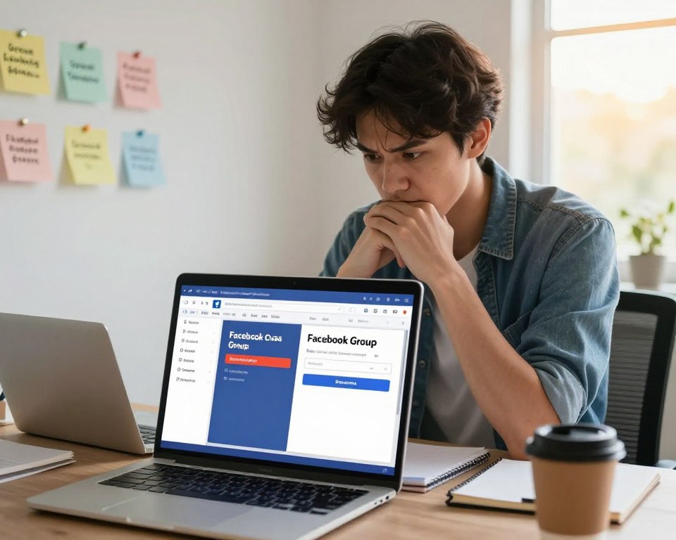 A digital workspace scene showcasing a person thoughtfully considering the decision to remove a Facebook group. In the foreground, a close-up of a laptop screen displaying a Facebook interface with vibrant colors, emphasizing the group removal process. The subject, a young professional in smart casual attire, is depicted in mid-thought, with furrowed brows, sitting at a well-organized desk surrounded by notepads and a coffee cup. The middle ground features a soft-focus view of a wall with pinned reminders about group management strategies. In the background, a window reveals a sunny day, casting warm, natural light into the room, creating a contemplative and professional atmosphere. The overall mood is introspective, focusing on the decision-making process regarding online communities.