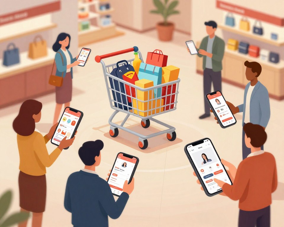 A dynamic digital illustration showcasing the key functionalities of a shopping application. In the foreground, a diverse group of users, dressed in professional attire, interacts with their smartphones displaying app interfaces, highlighting features like discounted products, user-friendly navigation, and personalized recommendations. In the middle ground, a stylized representation of a shopping cart overflowing with items symbolizes convenience and choice. The background features a modern, sleek retail environment infused with warm lighting to create an inviting atmosphere, with soft shadows enhancing depth. The perspective is slightly angled upward to convey excitement and innovation in app technology. The overall mood is positive and energetic, emphasizing user engagement and interactive experiences.
