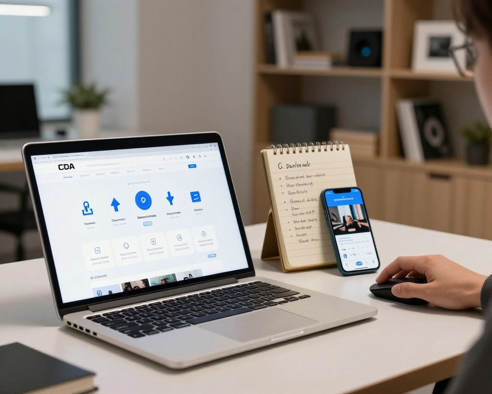 A dynamic digital workspace scene showcasing methods to download videos from CDA. In the foreground, a sleek laptop with a large screen displaying the CDA website, surrounded by various download icons. A pair of hands skillfully navigating the screen using a mouse, demonstrating interaction. In the middle, an open notepad with handwritten notes about video formats and downloading tips, alongside a smartphone displaying a video in progress. The background features a modern office setting with soft, ambient lighting illuminating the space, giving a professional yet inviting atmosphere. A blurred bookshelf filled with tech books and gadgets enhances the ambiance, encouraging a sense of focus and productivity.