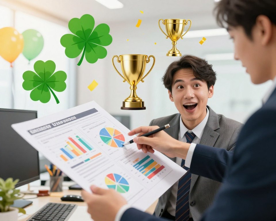 A dynamic scene illustrating the concept of increasing chances of winning a competition. In the foreground, a person in professional business attire is intently analyzing a large, colorful chart filled with statistics and strategies for contest participation, with an excited expression. In the middle ground, various symbols of luck and success, such as four-leaf clovers and golden trophies, surround the person. The background features a bright, optimistic atmosphere with soft lighting illuminating hints of celebratory confetti and balloons. The perspective is slightly elevated, giving a sense of depth and engagement in a modern office setting. The overall mood is encouraging and focused, highlighting ambition and strategies for success.