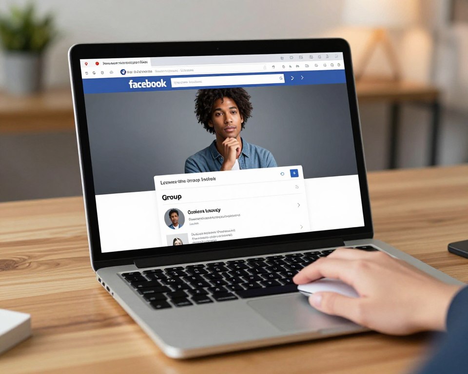 A focused composition showing a laptop on a clean wooden desk, displaying the Facebook interface with a highlighted group leaving option. In the foreground, a hand is hovering over the mouse, symbolizing the action of leaving the group. The middle ground features a subtle reflection in the laptop screen, showing a serene face of a diverse young professional in modest casual clothing, contemplating the decision. The background depicts soft, blurred plants and ambient lighting, creating a calm and professional atmosphere. The overall mood is one of clarity and decisiveness, inviting viewers to engage with the visual narrative of managing online group memberships. Ensure the lighting is warm and inviting, suitable for a modern workspace.