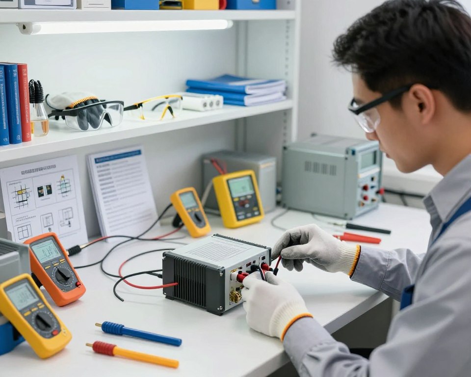 A focused, professional workspace showcasing the safe connection of a voltage regulator. In the foreground, a technician in business attire, wearing safety glasses and gloves, is carefully connecting wires to a robust voltage regulator. The middle ground features a bright workbench cluttered with tools, multimeters, and instructional diagrams about electrical safety. In the background, an organized shelf displays safety equipment such as gloves, goggles, and manuals. Bright overhead lighting casts clear, even illumination across the scene, emphasizing the importance of safety and attention to detail. The atmosphere is one of professionalism and caution, highlighting best practices in electrical work, with a clean and neat appearance throughout the workspace.