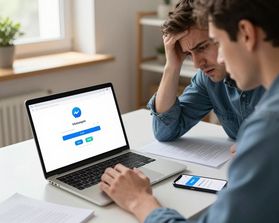 A frustrated individual sitting at a modern desk with a laptop open, displaying the Messenger app interface on the screen, struggling to log in without a Facebook account. In the foreground, a hand is reaching toward the screen, with visible icons for "Log In" and "Help" highlighted. The individual, dressed in smart casual clothing, has an expression of confusion and determination. Surrounding them are scattered papers with notes and a smartphone showing installation steps for Messenger. The background features a cozy, well-lit workspace with soft natural light shining through a window, casting gentle shadows. The atmosphere conveys a sense of challenge and persistence in overcoming technical difficulties.