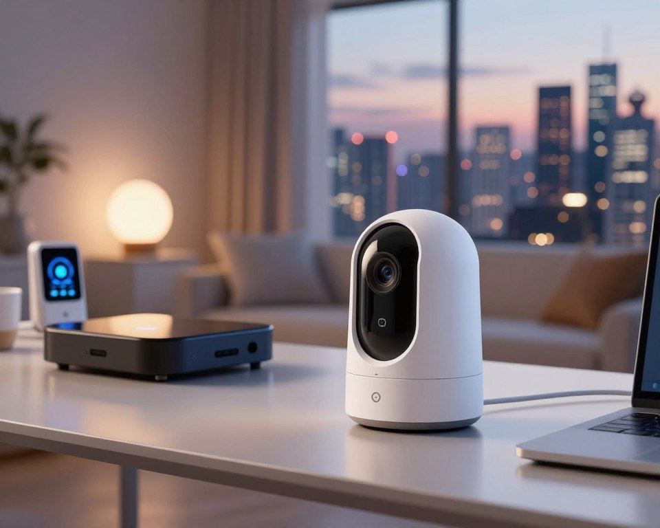A futuristic home office scene showcasing advanced WiFi cameras. In the foreground, a sleek, modern WiFi camera with a minimalist design is prominently displayed on a stylish desk, reflecting an innovative technology vibe. The middle ground features a serene living space with smart devices interconnected, such as smart bulbs and a digital hub. In the background, large windows reveal a vibrant city skyline, illuminated by soft evening lights, suggesting a smart city of the future. The scene is bathed in soft, ambient lighting, creating a warm and inviting atmosphere. The camera is positioned at a slight angle to emphasize its sleekness and high-tech features. The overall mood is futuristic, emphasizing connectivity and the seamless integration of technology in everyday life. A futuristic home office scene showcasing advanced WiFi cameras. In the foreground, a sleek, modern WiFi camera with a minimalist design is prominently displayed on a stylish desk, reflecting an innovative technology vibe. The middle ground features a serene living space with smart devices interconnected, such as smart bulbs and a digital hub. In the background, large windows reveal a vibrant city skyline, illuminated by soft evening lights, suggesting a smart city of the future. The scene is bathed in soft, ambient lighting, creating a warm and inviting atmosphere. The camera is positioned at a slight angle to emphasize its sleekness and high-tech features. The overall mood is futuristic, emphasizing connectivity and the seamless integration of technology in everyday life.