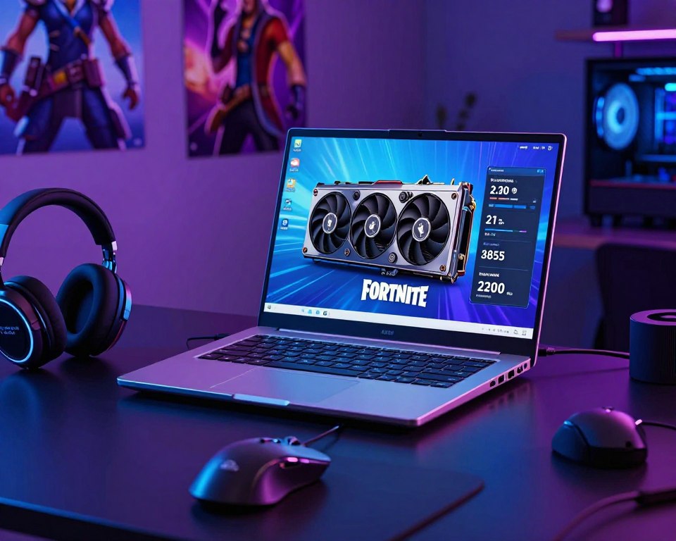 A futuristic laptop displaying the Fortnite logo on its screen in a stylish, modern workspace. The foreground features a sleek gaming mouse and a high-tech headset, surrounded by vibrant, gaming-themed décor. In the middle, the laptop’s specifications are visible, highlighting graphics card details and disk space available in an eye-catching layout. Soft ambient lighting in cool blue and purple tones enhances the gaming atmosphere, while a subtle reflection on the glossy laptop surface adds depth. The background shows a dimly lit room with posters of Fortnite characters and equipment, creating an immersive, dedicated gaming environment. The overall mood is energetic and inviting, emphasizing the excitement of preparing to play Fortnite.