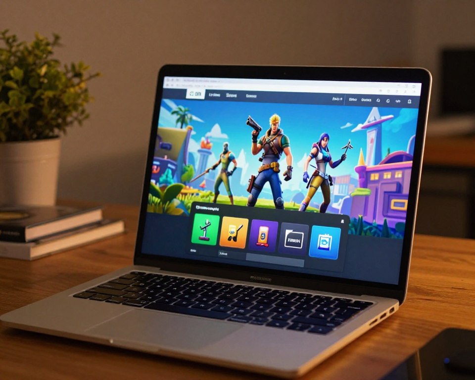 A high-resolution image of the Epic Games Launcher interface prominently displayed on a modern laptop screen. The foreground features a sleek laptop with a stylized design, showing the Epic Games Launcher open, showcasing its vibrant graphical elements of the Fortnite game. In the middle ground, soft ambient lighting highlights the laptop, creating a warm, inviting atmosphere. In the background, a cozy workspace scene is suggested with blurred outlines of plants and books, adding depth to the image. The angle is slightly elevated to capture the interface details clearly, while maintaining a professional and engaging mood. The overall color palette is rich and dynamic, emphasizing the gaming environment without any text, logos, or overlays.
