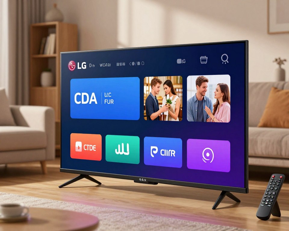 A modern LG smart TV displaying the CDA streaming interface, showcasing vibrant colors and clear images to highlight the quality of the content. In the foreground, the TV screen is sharply in focus, with a remote control resting beside it, suggesting user interaction. The middle ground includes a cozy living room setting with a comfortable sofa and soft lighting, creating a warm atmosphere. In the background, subtle shadows of bookshelves and soft decorative elements enhance the environment, while a hint of natural light filters through a window, adding depth. The mood should convey both a relaxing entertainment experience and a sense of slight frustration, hinting at potential issues with picture and sound quality. The angle captures the TV at eye level, making it the focal point of the scene.