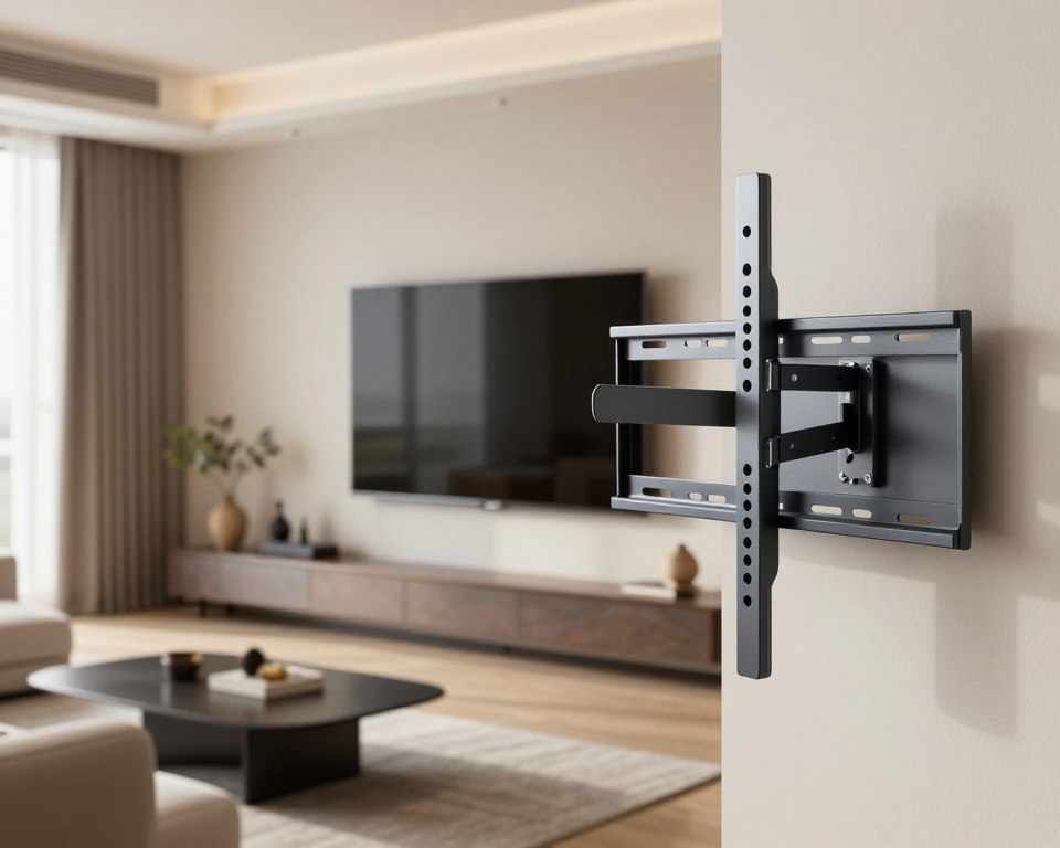 A modern and stylish wall-mounted TV bracket designed for a 75-inch television, prominently displayed in the foreground. The bracket is sleek, metallic with an adjustable arm, showcasing its versatility and functionality. In the middle ground, a well-lit living room with a large flat-screen TV mounted at eye level on a light-colored wall, surrounded by contemporary furniture such as a comfortable sofa and a minimalistic coffee table. Soft, natural lighting filters through a nearby window, creating a warm and inviting atmosphere. The background features neutral-toned decor, emphasizing the aesthetic integration of the TV bracket in a sophisticated living space. The overall mood is professional and contemporary, highlighting the benefits of using TV mounts. A modern and stylish wall-mounted TV bracket designed for a 75-inch television, prominently displayed in the foreground. The bracket is sleek, metallic with an adjustable arm, showcasing its versatility and functionality. In the middle ground, a well-lit living room with a large flat-screen TV mounted at eye level on a light-colored wall, surrounded by contemporary furniture such as a comfortable sofa and a minimalistic coffee table. Soft, natural lighting filters through a nearby window, creating a warm and inviting atmosphere. The background features neutral-toned decor, emphasizing the aesthetic integration of the TV bracket in a sophisticated living space. The overall mood is professional and contemporary, highlighting the benefits of using TV mounts.