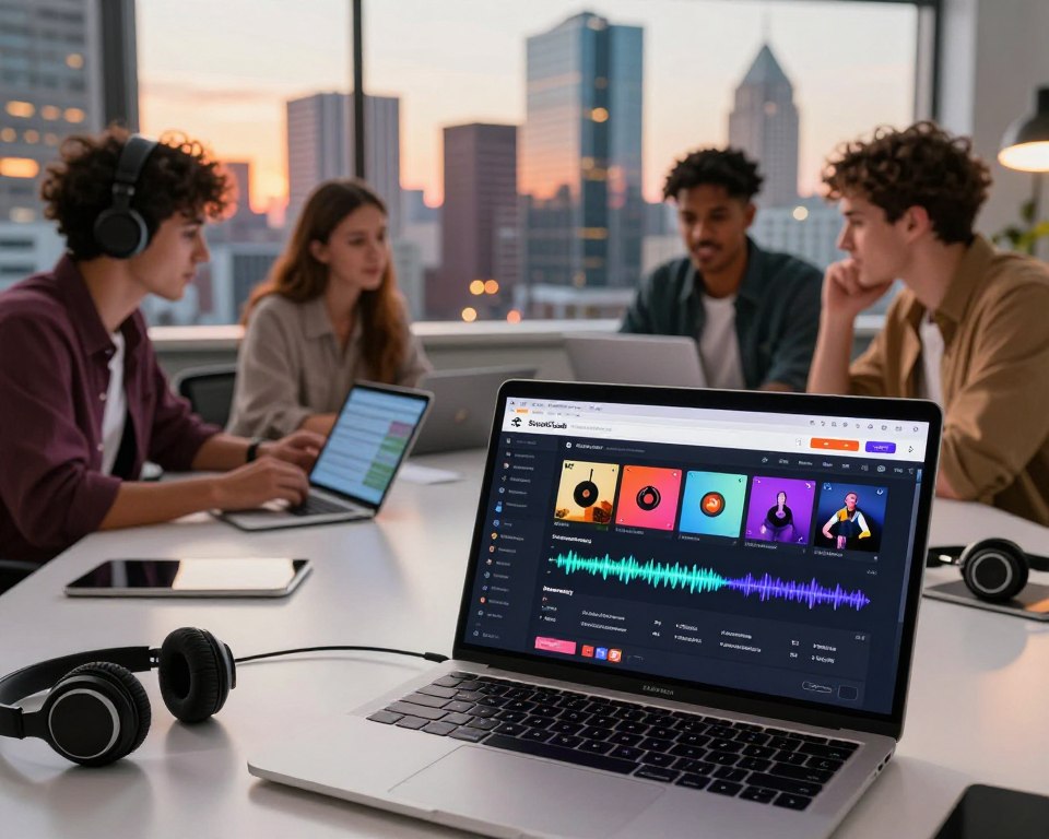 A modern and visually captivating representation of the SoundCloud music platform, featuring a vibrant digital workspace. In the foreground, display a sleek laptop with the SoundCloud interface open, showcasing a playlist filled with colorful album covers and waveforms. In the middle, include a diverse group of three young professionals, dressed in smart casual attire, engaged in a brainstorming session about music. They are surrounded by digital tablets and headphones, emphasizing a collaborative atmosphere. In the background, depict a dynamic city skyline during sunset, with warm lighting reflections enhancing the creative mood. Utilize a wide-angle lens to capture the immersive environment and evoke a sense of innovation and community in the music industry. The overall atmosphere should feel inspiring and energetic.