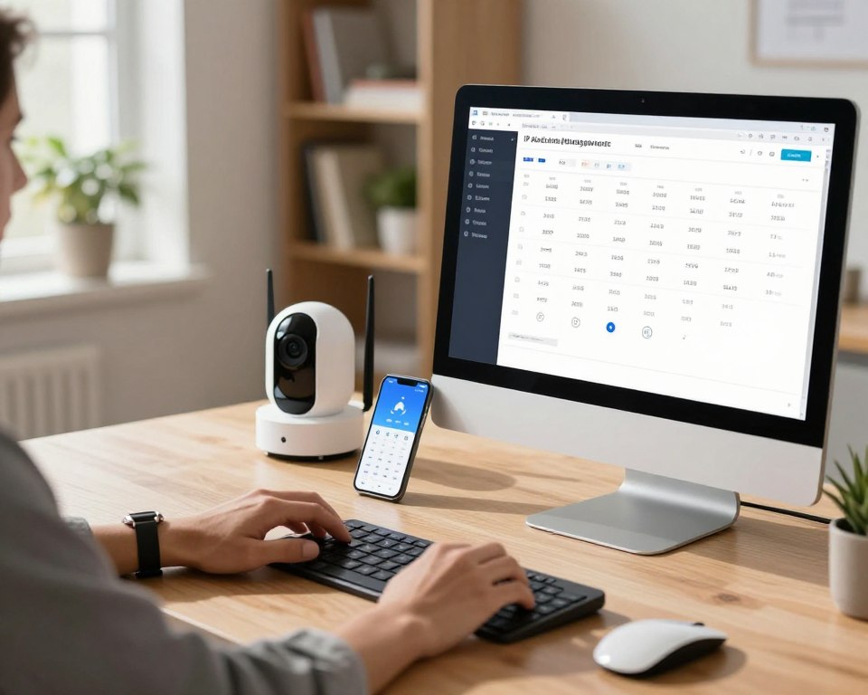A modern desktop computer setup sits in a well-lit, professional home office. In the foreground, the screen displays a detailed IP address management interface, with numbers and icons indicative of network settings visible. A pair of hands, dressed in smart casual attire, is using a mouse to click on the screen. In the middle ground, a WiFi camera is placed on the desktop, showcasing its sleek design, while a smartphone rests nearby, connected via an app interface. The background features soft-focus elements like bookshelves and potted plants, creating a comfortable atmosphere. Natural light streams in from a window, highlighting the tech-savvy environment, suggesting a mood of productivity and efficiency in configuring smart home devices. A modern desktop computer setup sits in a well-lit, professional home office. In the foreground, the screen displays a detailed IP address management interface, with numbers and icons indicative of network settings visible. A pair of hands, dressed in smart casual attire, is using a mouse to click on the screen. In the middle ground, a WiFi camera is placed on the desktop, showcasing its sleek design, while a smartphone rests nearby, connected via an app interface. The background features soft-focus elements like bookshelves and potted plants, creating a comfortable atmosphere. Natural light streams in from a window, highlighting the tech-savvy environment, suggesting a mood of productivity and efficiency in configuring smart home devices.