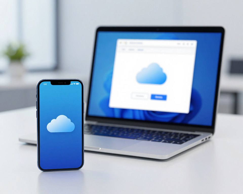 A modern digital scene depicting the concept of cloud photo transfer. In the foreground, a sleek smartphone and tablet display vibrant images being uploaded to a stylized cloud icon, emphasizing connectivity. In the middle ground, a laptop with an open interface showing cloud storage options. The background showcases a serene office environment with soft, diffused lighting that creates a professional atmosphere, enhancing the sense of technology and innovation. The composition incorporates a gentle color palette of blues and whites to evoke a feeling of calm and efficiency. The focus is sharp on the devices, with a slight blur in the background, adding depth and highlighting the transfer process. No human figures present, ensuring a clean, tech-oriented illustration.