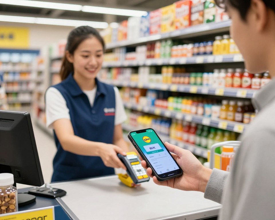 A modern grocery store checkout scene at a Lidl supermarket, showcasing a customer making a payment using a smartphone with the BLIK app visible. In the foreground, focus on the smartphone displaying the BLIK interface and the customer, a young adult in casual but neat clothing, engaged in the payment process. The middle ground features a friendly cashier scanning items, while shelves stocked with colorful products line the background. Bright, inviting lighting enhances the atmosphere of a busy shopping day, creating a sense of convenience and efficiency. The camera angle is slightly tilted, emphasizing the interaction between the customer and the cashier, capturing the essence of modern payment methods in a vibrant retail environment. A modern grocery store checkout scene at a Lidl supermarket, showcasing a customer making a payment using a smartphone with the BLIK app visible. In the foreground, focus on the smartphone displaying the BLIK interface and the customer, a young adult in casual but neat clothing, engaged in the payment process. The middle ground features a friendly cashier scanning items, while shelves stocked with colorful products line the background. Bright, inviting lighting enhances the atmosphere of a busy shopping day, creating a sense of convenience and efficiency. The camera angle is slightly tilted, emphasizing the interaction between the customer and the cashier, capturing the essence of modern payment methods in a vibrant retail environment.
