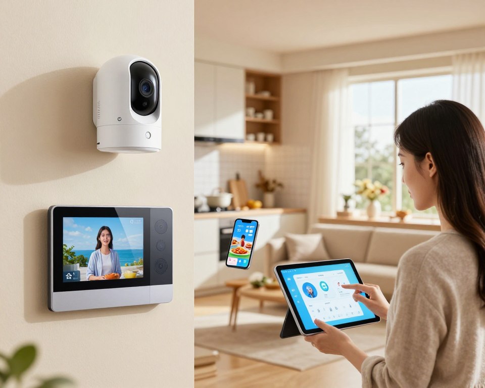 A modern home interior showcasing various applications of WiFi cameras, demonstrating their use in security and smart home integration. In the foreground, a sleek wall-mounted WiFi camera captures activity in a well-lit living room, where a professional-looking woman adjusts her smart thermostat with an app on her tablet. In the middle ground, a WiFi camera overlooks the kitchen, monitoring food preparation, while a smartphone displays live footage. The background reveals a cozy, open concept living space with ample windows, allowing warm, natural light to filter in, enhancing an inviting atmosphere. The scene conveys a sense of security and modern technology, focusing on the functional integration of WiFi cameras in everyday life, captured at eye level with a crisp, high-definition focus. A modern home interior showcasing various applications of WiFi cameras, demonstrating their use in security and smart home integration. In the foreground, a sleek wall-mounted WiFi camera captures activity in a well-lit living room, where a professional-looking woman adjusts her smart thermostat with an app on her tablet. In the middle ground, a WiFi camera overlooks the kitchen, monitoring food preparation, while a smartphone displays live footage. The background reveals a cozy, open concept living space with ample windows, allowing warm, natural light to filter in, enhancing an inviting atmosphere. The scene conveys a sense of security and modern technology, focusing on the functional integration of WiFi cameras in everyday life, captured at eye level with a crisp, high-definition focus.