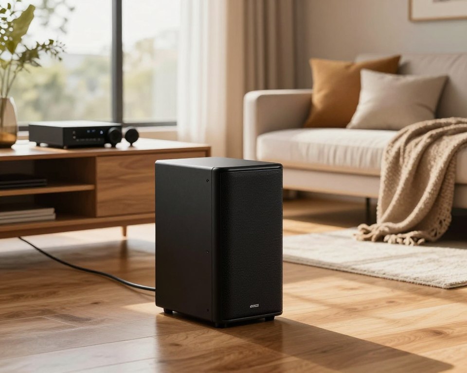 A modern home living room featuring a sleek black subwoofer connected to a sound system. In the foreground, the subwoofer sits on a polished wooden floor, showcasing its elegant design. The middle ground includes a stylish media console with various sound components. Behind, a cozy couch adorned with cushions and a soft throw blanket creates an inviting atmosphere. Soft, warm lighting illuminates the space, casting gentle shadows that highlight the textures of the room. A large window in the background lets in natural light, enhancing the vibrant colors of the decor. This setting aims to evoke a sense of comfort and sophistication, perfect for enjoying high-quality audio experiences at home. A modern home living room featuring a sleek black subwoofer connected to a sound system. In the foreground, the subwoofer sits on a polished wooden floor, showcasing its elegant design. The middle ground includes a stylish media console with various sound components. Behind, a cozy couch adorned with cushions and a soft throw blanket creates an inviting atmosphere. Soft, warm lighting illuminates the space, casting gentle shadows that highlight the textures of the room. A large window in the background lets in natural light, enhancing the vibrant colors of the decor. This setting aims to evoke a sense of comfort and sophistication, perfect for enjoying high-quality audio experiences at home.