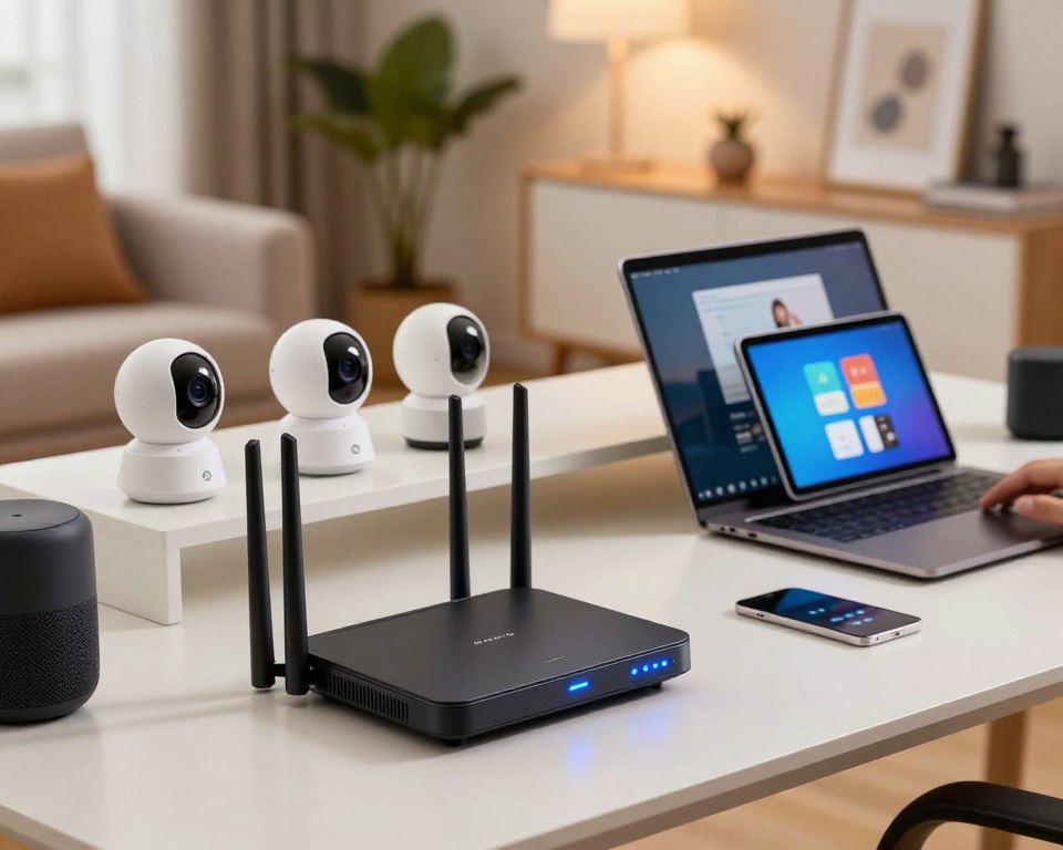 A modern home office scene showcasing a sleek router on a stylish desk, strategically positioned as the focal point in the foreground. The router emits a soft, inviting blue light, symbolizing connectivity. In the middle ground, various WiFi cameras are displayed, demonstrating their compatibility with the router. A laptop and a tablet are open, indicating smart home integration and configuration, surrounded by tech gadgets like a smart speaker and home automation controls. The background features a cozy living room with plant decor and soft ambient lighting, creating a warm atmosphere that embodies tech-savvy living. The composition is well-lit, with a focus on clarity and professionalism, inviting viewers to explore the world of smart home technology. A modern home office scene showcasing a sleek router on a stylish desk, strategically positioned as the focal point in the foreground. The router emits a soft, inviting blue light, symbolizing connectivity. In the middle ground, various WiFi cameras are displayed, demonstrating their compatibility with the router. A laptop and a tablet are open, indicating smart home integration and configuration, surrounded by tech gadgets like a smart speaker and home automation controls. The background features a cozy living room with plant decor and soft ambient lighting, creating a warm atmosphere that embodies tech-savvy living. The composition is well-lit, with a focus on clarity and professionalism, inviting viewers to explore the world of smart home technology.