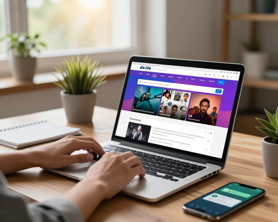 A modern home office setting with a sleek laptop displaying a vibrant screen showing the CDA video download interface, emphasizing ease of use. In the foreground, a pair of hands is poised over the keyboard, typing, with scattered notes and a smartphone nearby displaying WhatsApp notifications. The middle ground features a cozy workspace with potted plants and good lighting, creating a warm and inviting atmosphere. In the background, a window reveals a sunny day, enhancing the sense of productivity and focus. Use natural lighting to create a soft glow, with a shallow depth of field to subtly blur the background, drawing attention to the action of downloading films. The overall mood should be professional yet relaxed, reflecting the convenience and benefits of downloading content online.