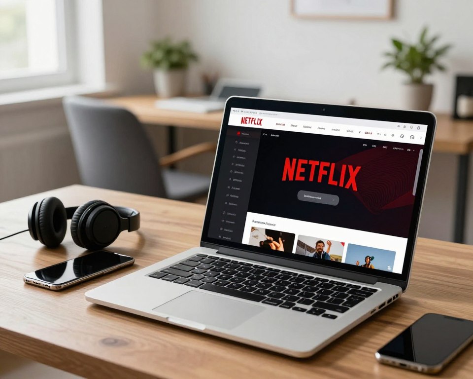 A modern laptop open on a wooden desk displaying the Netflix installation screen, surrounded by tech accessories like headphones and a smartphone. The foreground features a close-up view of the laptop's screen with a clear, sharp interface showing the Netflix app downloading. In the middle background, a stylish home office is visible, with a comfortable chair and a potted plant, creating a cozy yet professional atmosphere. Soft, natural light streams in from a nearby window, illuminating the workspace. The overall mood is focused and inviting, showcasing the simplicity of installing Netflix on a laptop. The scene is clean, clutter-free, and emphasizes a tech-savvy lifestyle.