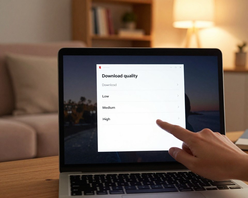 A modern laptop screen displaying the Netflix download quality settings interface, showcasing options like "Low," "Medium," and "High" in a sleek, user-friendly design. The foreground features a close-up of the screen, with fingers hovering over the settings choices, suggesting interaction. In the middle, a cozy living room is partially visible, with a soft sofa and warm lighting creating an inviting atmosphere, emphasizing the home entertainment experience. The background includes a bookshelf and a subtly lit lamp, enhancing the comfortable vibe. The lighting is soft and warm, conveying a relaxed mood suitable for watching movies. The perspective is slightly elevated, capturing both the screen details and the surrounding context, all rendered in high resolution for clarity.