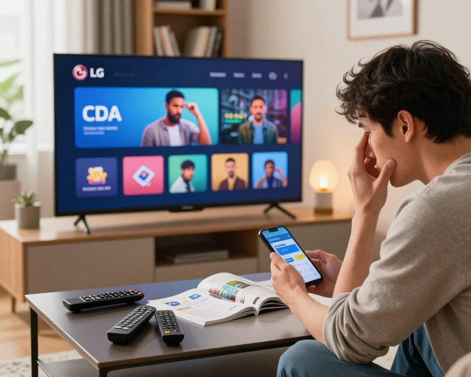 A modern living room featuring a sleek LG Smart TV displaying a vibrant user interface for the CDA app. In the foreground, a person in casual attire is attentively examining the TV screen, appearing puzzled while holding a smartphone, highlighting installation issues. The middle ground includes a stylish coffee table cluttered with remote controls and user manuals. The background showcases a cozy bookshelf and soft ambient lighting, creating a warm atmosphere. The scene is captured from a slightly low angle to emphasize the TV and the user's expression, while natural daylight filters through a window, enhancing clarity and focus on the subject's concern.