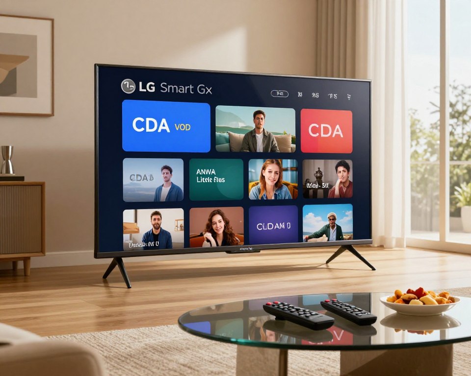 A modern living room featuring a sleek LG Smart TV prominently displaying the CDA app interface. In the foreground, a stylish glass coffee table holds remote controls and snacks. In the middle, the LG Smart TV showcases vibrant streaming thumbnails from the CDA library, with a reflection of soft couch cushions visible on the screen. The walls are adorned with minimalist art, and a large window allows natural light to fill the room, creating an inviting atmosphere. The overall mood is cozy and tech-savvy, emphasizing the convenience of accessing VOD content on a premium smart television. Capture this scene using warm lighting to enhance the ambiance, with a focus on clarity and detail, evoking a sense of modern living.