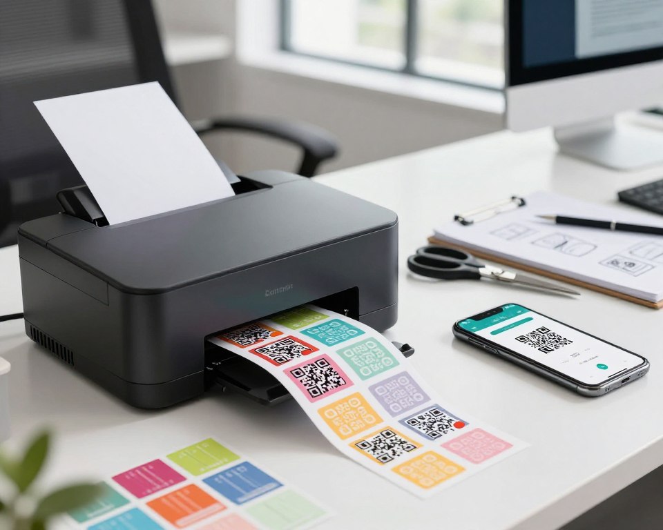 A modern office setting with a close-up view of a workspace focused on "Creating Labels with QR Codes." In the foreground, a sleek label printer is actively printing vibrant labels featuring scannable QR codes. On the desk, neatly arranged, are colorful label sheets alongside a smartphone displaying the InPost app open to a QR code creation screen. The middle ground features an organized workspace with tools like scissors, pens, and a notepad with sketches for label design. In the background, natural light filters through large windows, illuminating a professional appearance, creating an atmosphere of productivity and technology. The overall mood is innovative and efficient, highlighting the seamless integration of digital and physical in label creation. A modern office setting with a close-up view of a workspace focused on "Creating Labels with QR Codes." In the foreground, a sleek label printer is actively printing vibrant labels featuring scannable QR codes. On the desk, neatly arranged, are colorful label sheets alongside a smartphone displaying the InPost app open to a QR code creation screen. The middle ground features an organized workspace with tools like scissors, pens, and a notepad with sketches for label design. In the background, natural light filters through large windows, illuminating a professional appearance, creating an atmosphere of productivity and technology. The overall mood is innovative and efficient, highlighting the seamless integration of digital and physical in label creation.