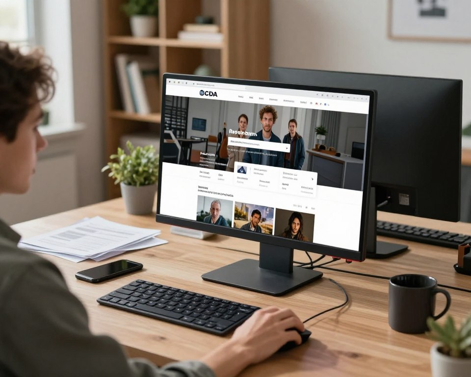 A modern office workspace featuring a sleek computer setup with a high-resolution monitor displaying the CDA website's interface, focused on video downloading. In the foreground, a person in smart casual attire is skillfully using a mouse, their expression showing concentration and engagement. The middle ground includes scattered paperwork and a smartphone, hinting at multitasking, while a bookshelf filled with books and decorative items occupies the background. Soft natural light filters in through a window, casting gentle shadows and creating an inviting atmosphere. The overall mood conveys productivity and efficiency in a contemporary digital environment, emphasizing the process of downloading films. The camera angle is slightly elevated, providing a clear view of the monitor and the user's actions.