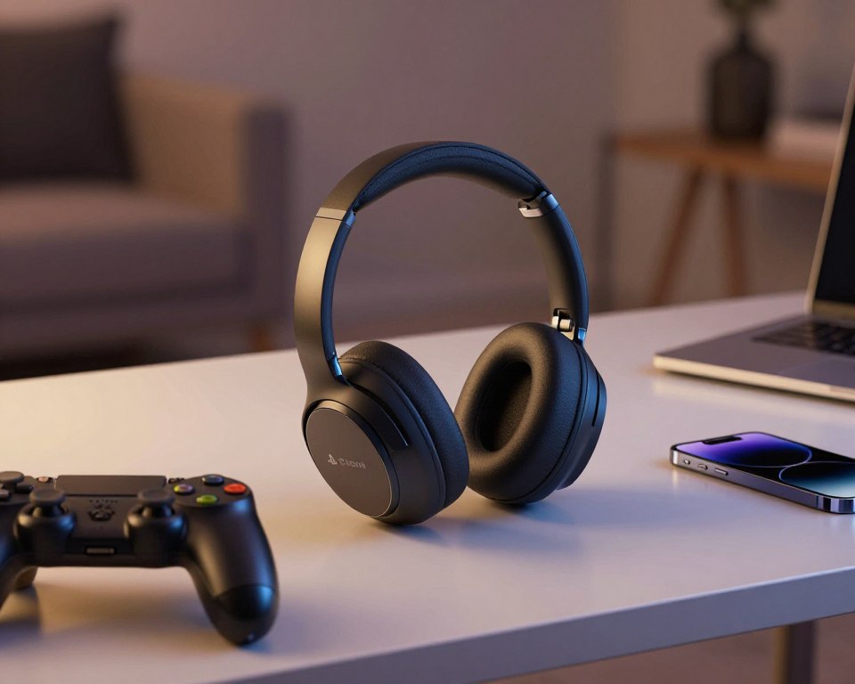 A modern pair of Bluetooth multi-device headphones resting on a sleek, minimalist desk, with a PS4 controller on one side and an iPhone on the other, highlighting their advanced connectivity features. The scene captures the headphones angled slightly to showcase their design, with soft, ambient lighting that casts a warm glow, evoking a high-tech atmosphere. In the background, blurred silhouettes of a cozy living room can be seen, suggesting a comfortable environment for gaming and music. The camera angle focuses on the headphones, emphasizing their contours and finish, with reflections subtly visible on their earcups. Overall, the mood is relaxed yet sophisticated, ideal for showcasing innovative technology in everyday life.