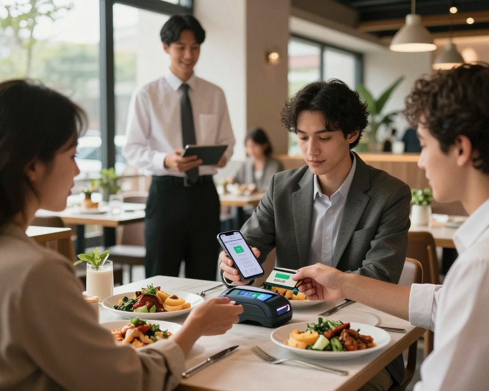 A modern restaurant setting during lunchtime, showing a diverse group of three friends seated at a table with plates of wholesome food. One friend, dressed in smart casual attire, is holding a smartphone displaying a BLIK payment confirmation screen, while another friend is ready to tap their card on a sleek, contactless payment terminal. Soft, natural lighting filters through large windows, illuminating the scene and creating a warm, inviting atmosphere. In the background, a friendly waiter in a crisp uniform is attending to another table. The decor features light wood accents and potted plants. This image conveys a sense of convenience and modern dining experiences, emphasizing the ease of cashless payments in everyday life. A modern restaurant setting during lunchtime, showing a diverse group of three friends seated at a table with plates of wholesome food. One friend, dressed in smart casual attire, is holding a smartphone displaying a BLIK payment confirmation screen, while another friend is ready to tap their card on a sleek, contactless payment terminal. Soft, natural lighting filters through large windows, illuminating the scene and creating a warm, inviting atmosphere. In the background, a friendly waiter in a crisp uniform is attending to another table. The decor features light wood accents and potted plants. This image conveys a sense of convenience and modern dining experiences, emphasizing the ease of cashless payments in everyday life.