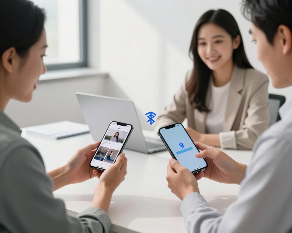 A modern scene showcasing the transfer of photos between an Android smartphone and an iPhone. In the foreground, feature two individuals engaged in a friendly discussion, with one holding the Android device displaying photo thumbnails, and the other holding the iPhone with a progress bar indicating file transfer. In the middle ground, a sleek table with both smartphones and visible Wi-Fi or Bluetooth icons symbolizes connectivity. The background depicts a bright, minimalistic office environment with soft, natural lighting filtering through a window, casting gentle shadows. Capture the mood of cooperation and technology in action, emphasizing the seamless transfer process. Ensure the individuals are dressed in smart casual attire, exuding professionalism and approachability.