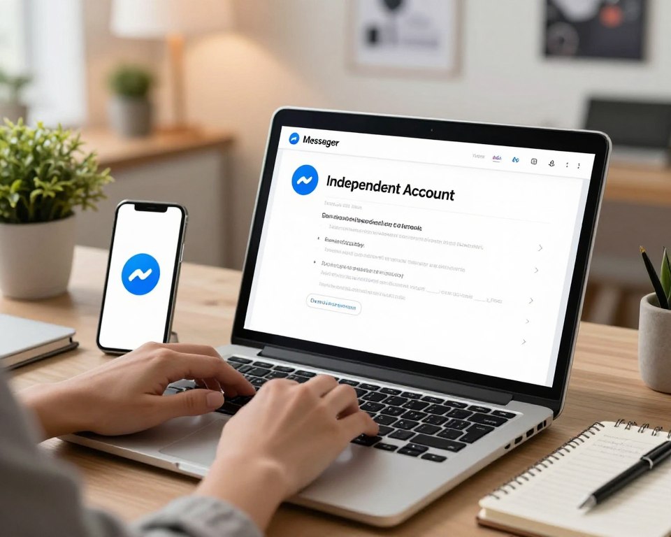 A modern, sleek digital workspace featuring a laptop open to the Messenger interface, prominently displaying the new independent account setup page. In the foreground, there is a pair of hands typing on the keyboard, dressed in smart casual attire. The middle ground includes an assortment of tech gadgets, like a smartphone showing the Messenger logo, and a notebook with notes about setting up an account. The background features a warm, inviting office space with soft ambient lighting, decorated with potted plants and motivational posters. The mood is productive and hopeful, suggesting a fresh start in using Messenger without Facebook, emphasizing independence and empowerment in digital communication. The image is bright and clear, captured with a slight depth of field for a professional touch.