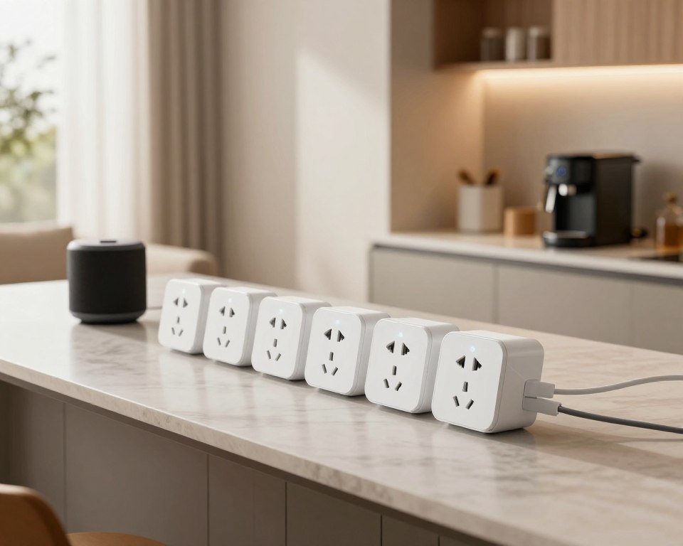 A modern, sleek smart home plug system displayed prominently in the foreground, showcasing multiple intelligently designed smart plugs with bright LED indicators. In the middle ground, a contemporary kitchen setting with a stylish countertop and smart home devices connected to the plugs, including a smart speaker and a coffee maker. The background features a softly illuminated living space with natural light flooding through large windows, highlighting the seamless integration of technology into home decor. Utilize a warm color palette to convey a cozy and inviting atmosphere. The shot should be taken from a slightly elevated angle, emphasizing both the smart plugs and the surrounding appliances, with soft shadows for depth. The overall mood should feel innovative and user-friendly, demonstrating the convenience of smart home technology.
