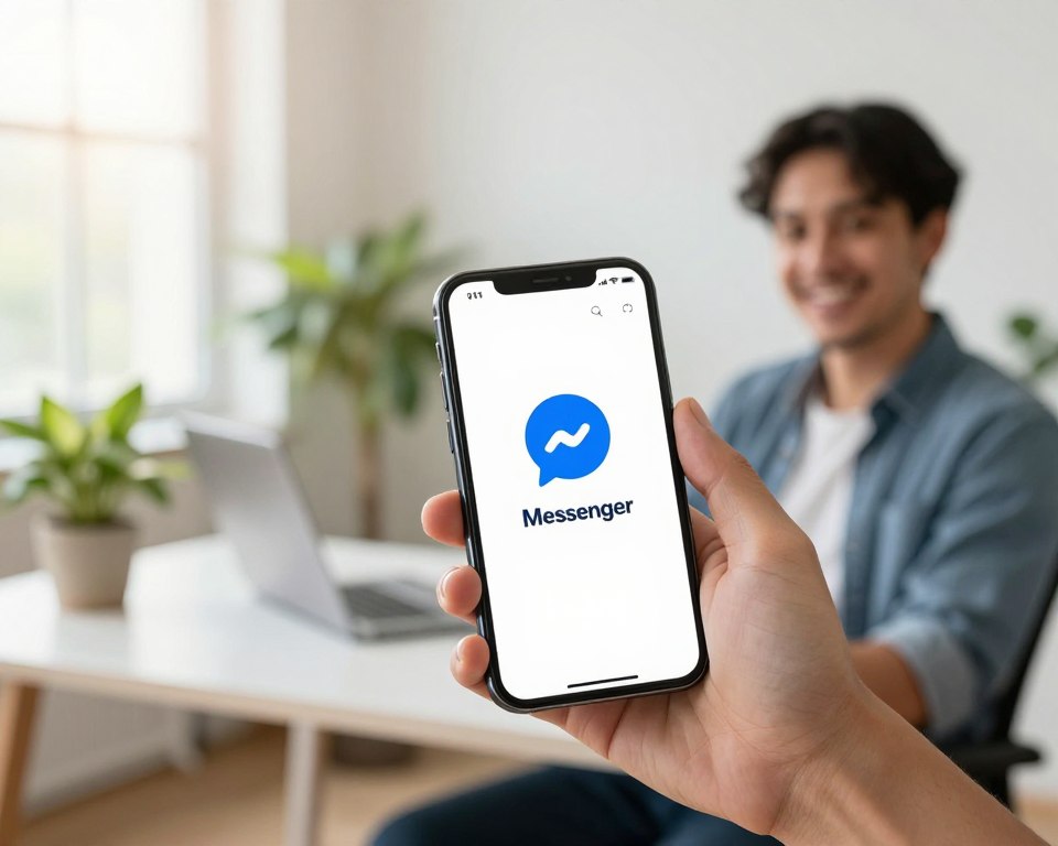 A modern, sleek smartphone displaying the Messenger app interface without Facebook branding, set in a bright, well-lit office environment. In the foreground, the phone is held by a casually dressed professional, showcasing a friendly smile, suggesting ease of communication. The middle ground features an inviting workspace with green plants and a minimalistic desk design, emphasizing productivity and innovation. The background consists of a soft-focus window with natural sunlight pouring in, creating a warm and inviting atmosphere. The overall mood is positive and empowering, reflecting the theme of connecting without the constraints of social media. Utilize a wide-angle lens effect to enhance depth and capture a lively yet professional setting.