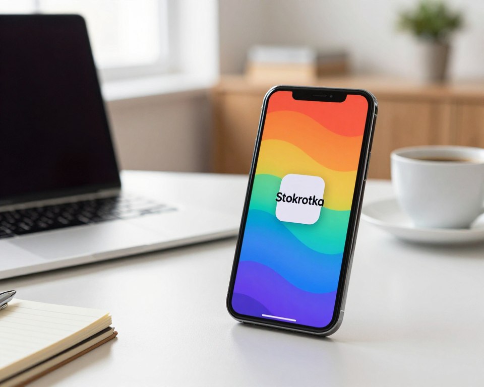 A modern, sleek smartphone displaying the "Stokrotka" application installation screen, positioned prominently in the foreground. The screen should show a vibrant interface with the app logo clearly visible. In the middle ground, a clean, stylish workspace featuring a laptop, notepad, and a cup of coffee, conveying a professional atmosphere. The background includes a softly blurred home or office environment, with natural light streaming in from a window, creating a warm and inviting ambiance. The overall mood is focused and productive, appealing to users keen on enhancing their shopping experience through technology. The image composition should be well-balanced, ensuring clarity and visual appeal without any text or overlays.