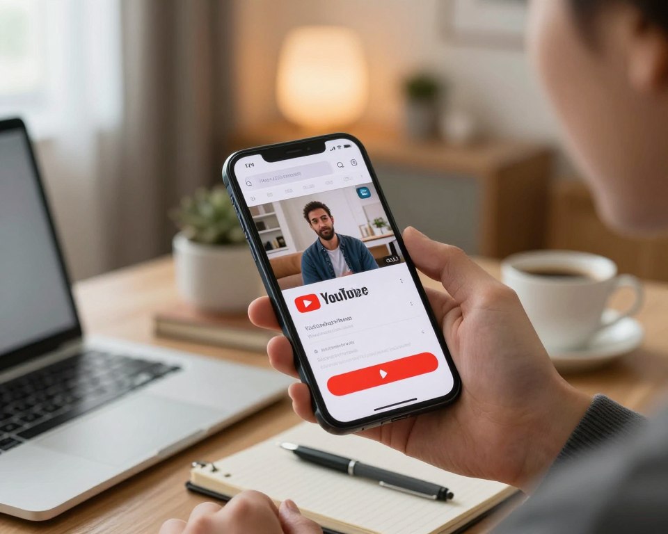 A modern smartphone displaying a YouTube video download interface, prominently featuring the download button. The phone is held in a person's hand, wearing smart casual attire, with a focused expression, showcasing interest in the task. In the background, a cozy home environment with soft ambient lighting creates a warm and inviting atmosphere. The foreground includes a clutter-free desk with a laptop, notebook, and a cup of coffee, hinting at productivity. The angle is slightly tilted to capture both the phone and the accessories, providing depth. Natural light filters in from a nearby window, enhancing the scene's clarity and creating a motivational vibe. Include subtle details like an open browser tab showcasing the YouTube page.