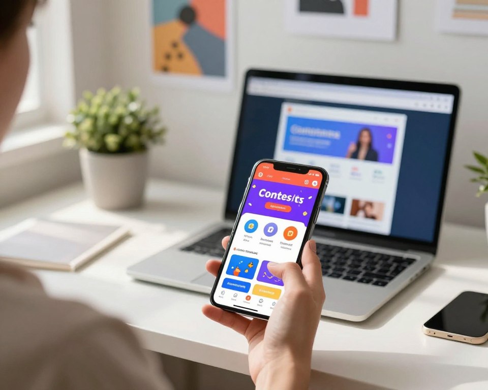 A modern smartphone displaying a vibrant contest application open on its screen, showcasing a colorful and engaging user interface. The foreground features the phone held by a casually dressed individual in a cozy, minimalist workspace, with a slight focus on their hand tapping the screen. In the middle, a laptop is visible with various tabs open, illustrating different contest platforms. The background fades softly, featuring a well-organized desk with motivational posters and plants, creating an inspiring atmosphere. Warm, natural lighting streams in from a nearby window, enhancing the inviting mood. The composition reflects a sense of excitement and aspiration, perfect for understanding how to utilize contest apps effectively.
