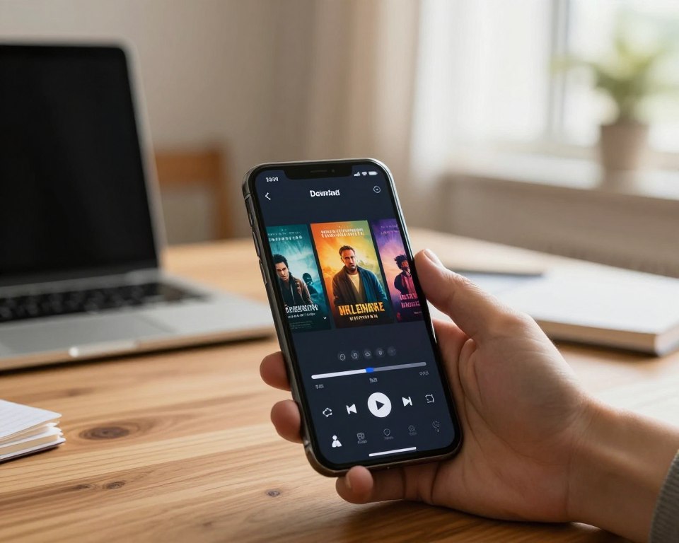 A modern smartphone displaying a video downloading interface, set prominently in the foreground. The screen should show a progress bar indicating a film download, with a clear, colorful thumbnail of the movie. In the middle ground, a cozy, well-lit room can be seen, with a wooden table that holds the phone. A soft-focus laptop and some notes can be seen in the background to suggest an academic or tech-savvy atmosphere. The lighting is warm and inviting, with sunlight streaming through a window, creating a relaxed vibe. The overall mood should feel engaging and informative, emphasizing technology and communication. Ensure no text or logos are present in the image.