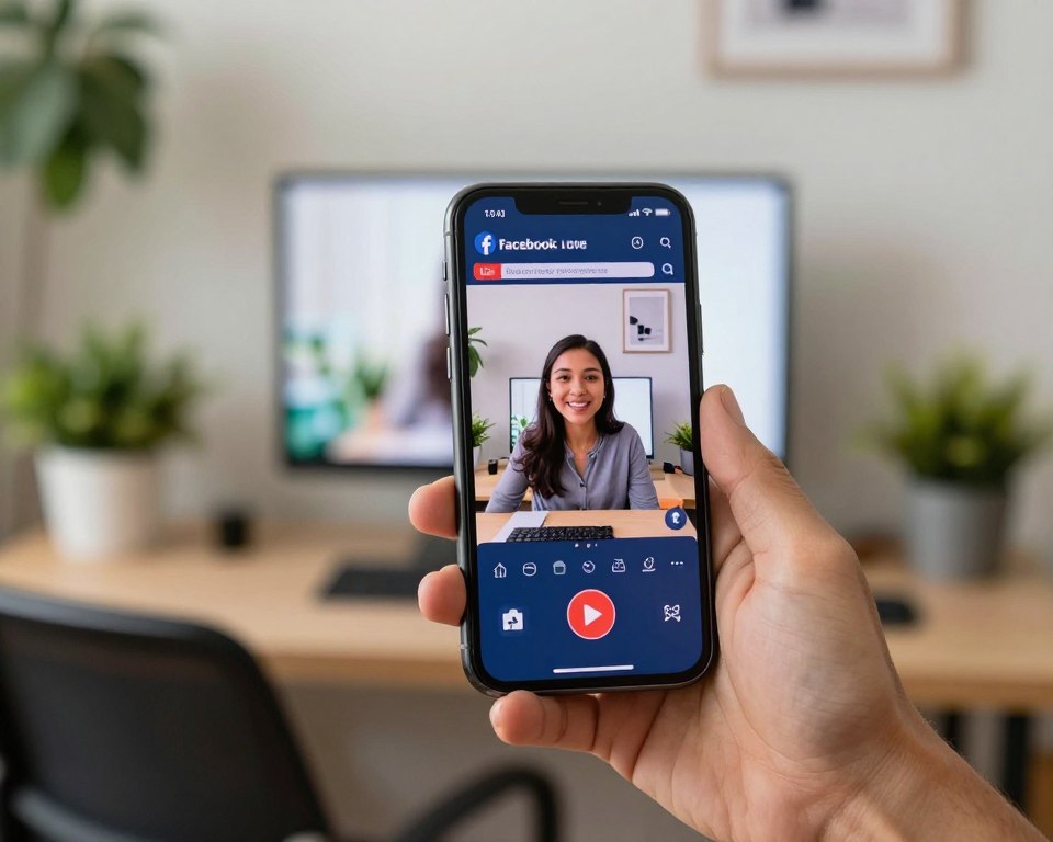 A modern smartphone held in a steady hand is positioned in the foreground, capturing a vibrant scene of a Facebook Live broadcast. The background reveals a cozy home office with soft lighting and green plants, creating an inviting atmosphere. In the middle ground, a glowing screen shows the Facebook Live interface, complete with a live viewer count and engagement icons, rendered in a bright, engaging style. The scene should evoke excitement and creativity, emphasizing the technology of mobile streaming. The mood is dynamic yet professional, with a focus on accessibility for content creators. Use natural lighting to enhance the warm tones of the space and create a friendly, approachable feel.