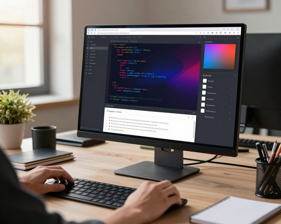 A modern web design workspace featuring a computer screen displaying code for changing HTML background color, surrounded by technical tools and guides. In the foreground, a hand is using a mouse to interact with the code editor. The middle ground shows detailed snippets of HTML code with vibrant background color palette options. The background includes a stylish office environment with soft natural lighting streaming through a window, casting a warm glow. A desk cluttered with gadgets and notebooks enhances the creative atmosphere. The overall mood is focused and professional, capturing the essence of web development and coding. The composition is sharp and well-lit, promoting a sense of clarity and inspiration.