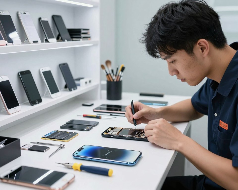 A modern, well-lit iPhone 8 service area, featuring a technician in professional attire carefully examining the device on a clean workbench. The foreground shows the iPhone 8 with its distinctive glass back and aluminum frame, opened up with tools such as screwdrivers and pliers neatly arranged nearby. In the middle ground, shelves filled with various iPhone parts—screens, batteries, and internal components—highlight the repair possibilities. The background depicts a sleek, minimalist service room with bright, soft lighting that enhances the focus on the iPhone and the tools, conveying a sense of professionalism and expertise. The overall atmosphere is clean, efficient, and technical, perfect for illustrating iPhone service options.