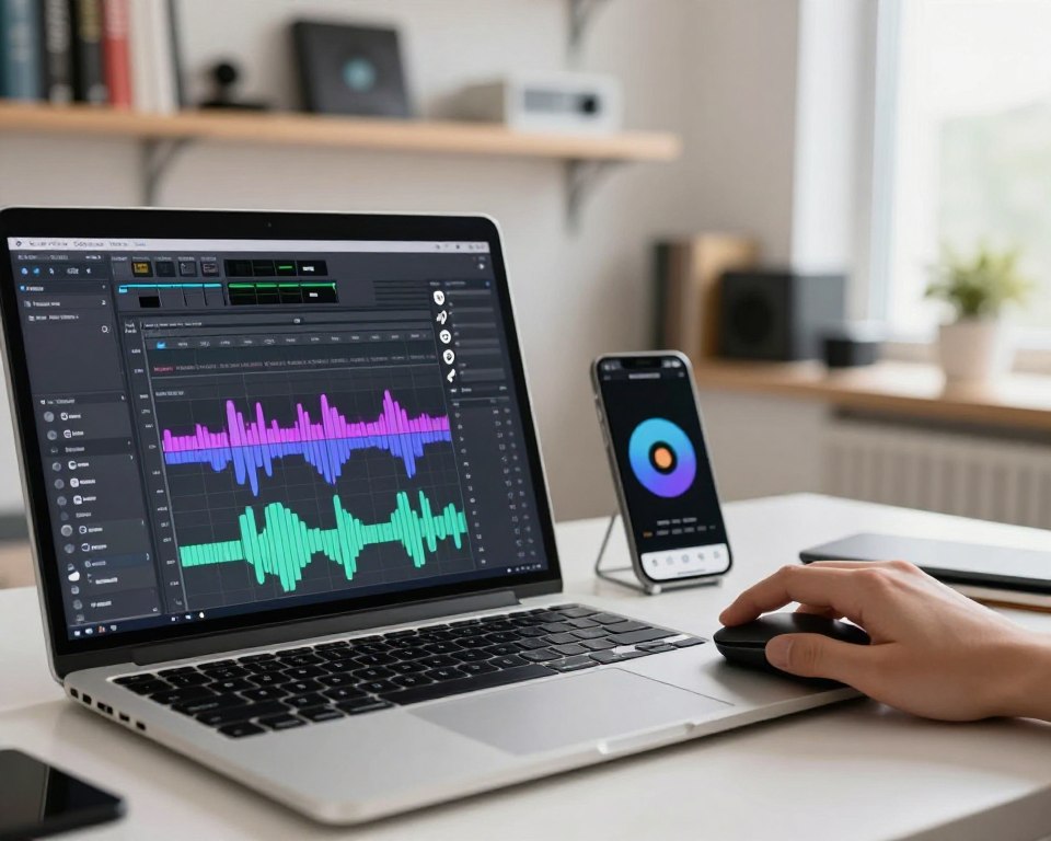 A modern, well-lit workspace featuring a sleek digital interface on a laptop displaying audio editing software. In the foreground, a close-up view of a hand using a mouse to manipulate sound waves, with colorful waveforms and volume levels visible on the screen. The middle section showcases music editing tools like cut, copy, and paste icons, as well as a representation of an iPhone beside the laptop, emphasizing a connection to ringtone creation. The background includes shelves filled with music-related books and gadgets, softly blurred to keep focus on the main action. Natural light streams through a window, creating a bright and creative atmosphere that inspires productivity and innovation in audio editing. The overall mood is professional and engaging. A modern, well-lit workspace featuring a sleek digital interface on a laptop displaying audio editing software. In the foreground, a close-up view of a hand using a mouse to manipulate sound waves, with colorful waveforms and volume levels visible on the screen. The middle section showcases music editing tools like cut, copy, and paste icons, as well as a representation of an iPhone beside the laptop, emphasizing a connection to ringtone creation. The background includes shelves filled with music-related books and gadgets, softly blurred to keep focus on the main action. Natural light streams through a window, creating a bright and creative atmosphere that inspires productivity and innovation in audio editing. The overall mood is professional and engaging.