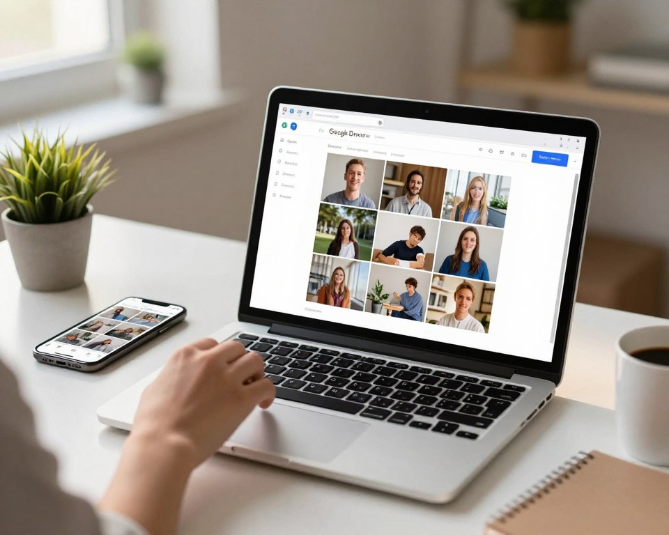 A modern workspace featuring a laptop open to Google Drive displaying a montage of photos being downloaded. In the foreground, a hand reaches towards the laptop, suggesting user interaction with the interface. The middle ground includes the laptop, a smartphone displaying photos syncing, and a clutter-free desk adorned with a small plant and coffee mug to create a cozy yet productive atmosphere. The background shows a well-lit room with a soft focus, emphasizing a sense of calm and focus. Warm, natural light streams in from a window, creating a bright ambiance. The overall mood should convey efficiency and simplicity, making the process of downloading photos appear seamless and accessible.