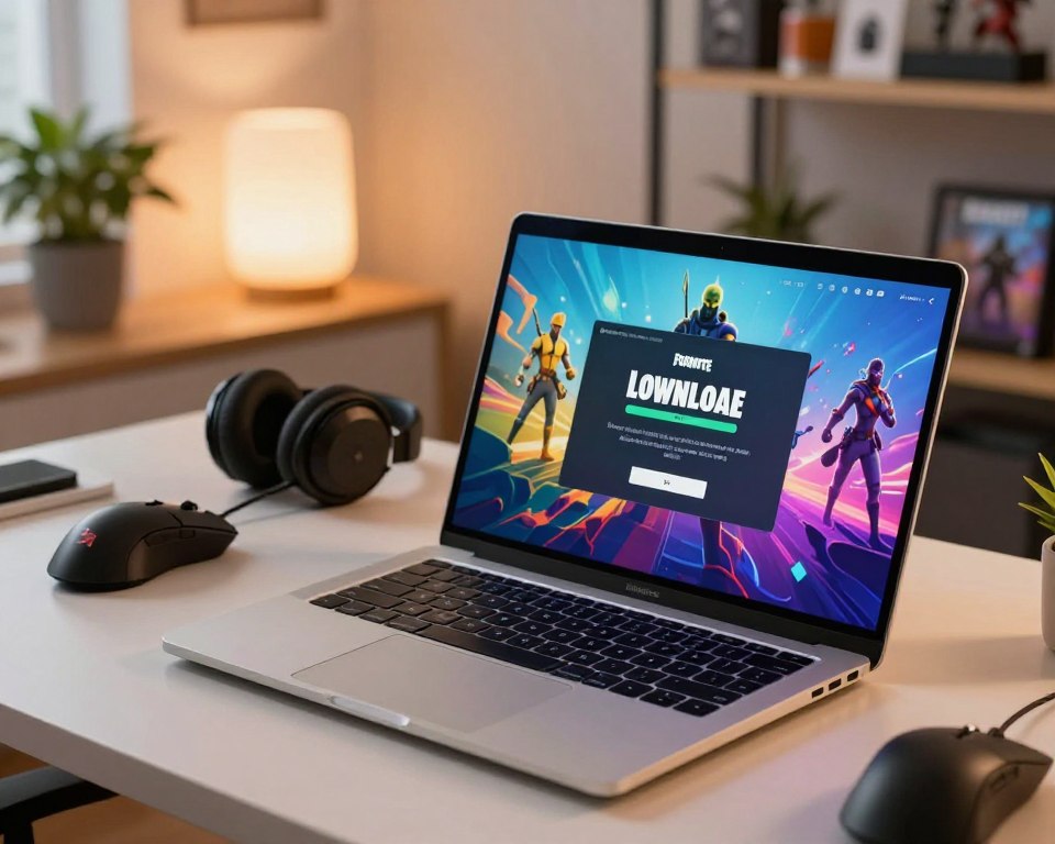 A modern workspace featuring a laptop screen displaying the Epic Games Launcher downloading interface. In the foreground, the laptop with a sleek design is open, showcasing vibrant graphics from the Fortnite download page. The middle ground includes items like a gaming mouse and headphones, emphasizing a gaming atmosphere. The background features a cozy home office with soft lighting, a potted plant, and shelves filled with game-related memorabilia. The overall mood is dynamic and inviting, suggesting excitement for gamers. The scene is bright, highlighting the laptop's screen with a warm light glow, shot from a slightly elevated angle to capture the entire setup.