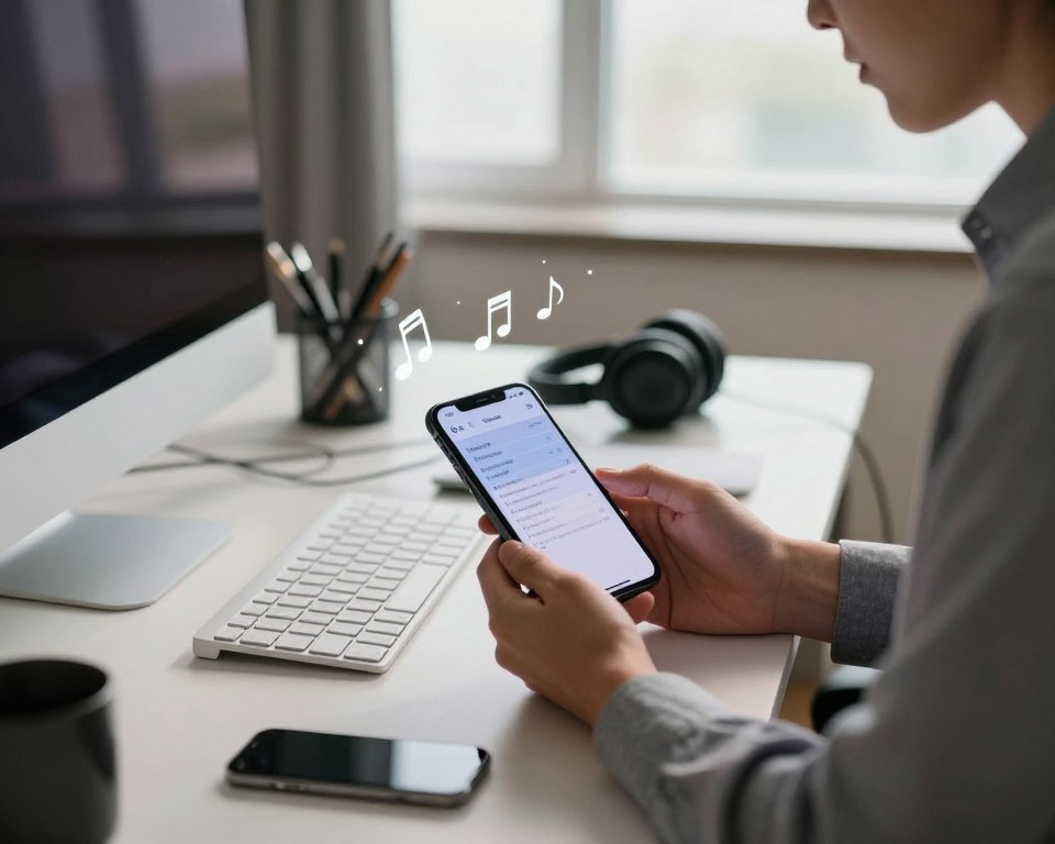 A modern workspace featuring a sleek computer and an iPhone on a desk, with a focus on troubleshooting ringtones. In the foreground, the iPhone displays a settings screen for ringing tones, with digital music notes floating around it, symbolizing sound and melody. In the middle, an individual in professional attire is intently examining the phone, surrounded by various tech tools such as headphones and charging cables. The background shows a softly lit room with a large window allowing natural light to illuminate the scene, casting gentle shadows. The mood is focused and productive, conveying a sense of problem-solving and technical exploration, emphasizing the idea of resolving ringtone issues effectively. A modern workspace featuring a sleek computer and an iPhone on a desk, with a focus on troubleshooting ringtones. In the foreground, the iPhone displays a settings screen for ringing tones, with digital music notes floating around it, symbolizing sound and melody. In the middle, an individual in professional attire is intently examining the phone, surrounded by various tech tools such as headphones and charging cables. The background shows a softly lit room with a large window allowing natural light to illuminate the scene, casting gentle shadows. The mood is focused and productive, conveying a sense of problem-solving and technical exploration, emphasizing the idea of resolving ringtone issues effectively.