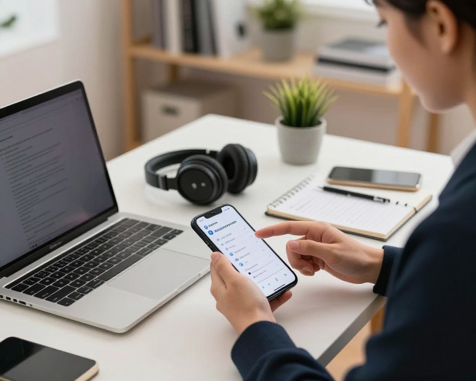 A modern workspace featuring a stylish office desk with a sleek laptop, a smartphone displaying Bluetooth settings, and wireless headphones positioned prominently. In the foreground, a person dressed in professional attire is focused on troubleshooting Bluetooth connectivity issues, using intuitive gestures and tapping on the smartphone screen. The middle ground showcases a clutter-free desk adorned with tech gadgets and a notepad with troubleshooting notes. The background has soft-focus shelves with tech books and decorative plants, emphasizing a calm, organized atmosphere. The lighting is bright and even, creating a productive mood, with a soft, warm hue to evoke a sense of problem-solving. The composition captures the essence of resolving Bluetooth connection issues in a digital age.