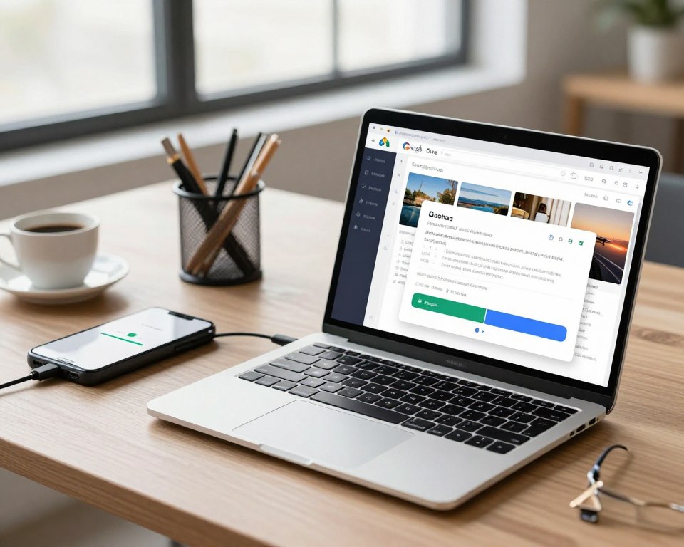 A modern workspace scene depicting the process of downloading and unpacking a backup from Google Drive. In the foreground, a sleek laptop display shows a Google Drive interface with visible photos and folders ready for download. Beside the laptop, a smartphone displays a progress bar, indicating a file transfer, while a small external hard drive is connected. The middle ground features a stylish desk with organized stationery and a cup of coffee. In the background, large windows let in soft, natural light, creating a bright and inviting atmosphere. The scene emphasizes productivity and clarity, suggesting a user-friendly experience. The mood is professional yet approachable, with a focus on technology and efficiency.
