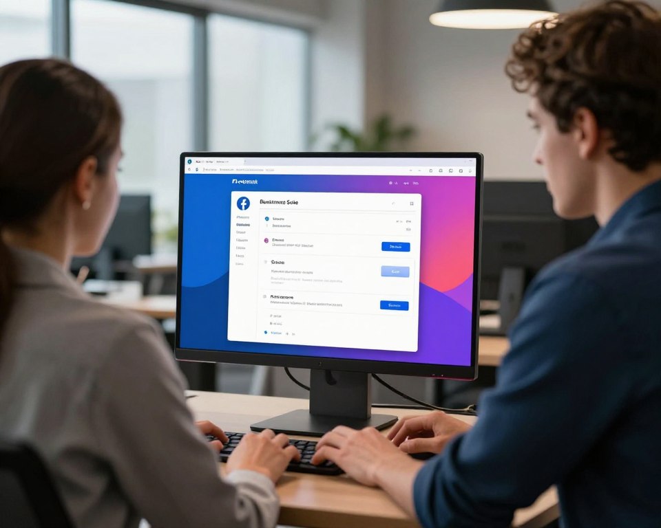 A modern workspace scene featuring a user focused on their computer screen, showcasing the Meta Business Suite interface with vibrant colors. In the foreground, the user—a professional dressed in smart casual attire—interacts with the application, visibly navigating group management options. In the middle ground, the computer screen displays clear graphics of the Facebook interface, highlighting the settings for group deletion. The background features a sleek office setup with a large window letting in natural light, creating a productive atmosphere. The overall mood is one of clarity and professionalism, with warm lighting illuminating the scene from a soft overhead source, suggesting a calm and efficient environment. No text or watermarks are present.