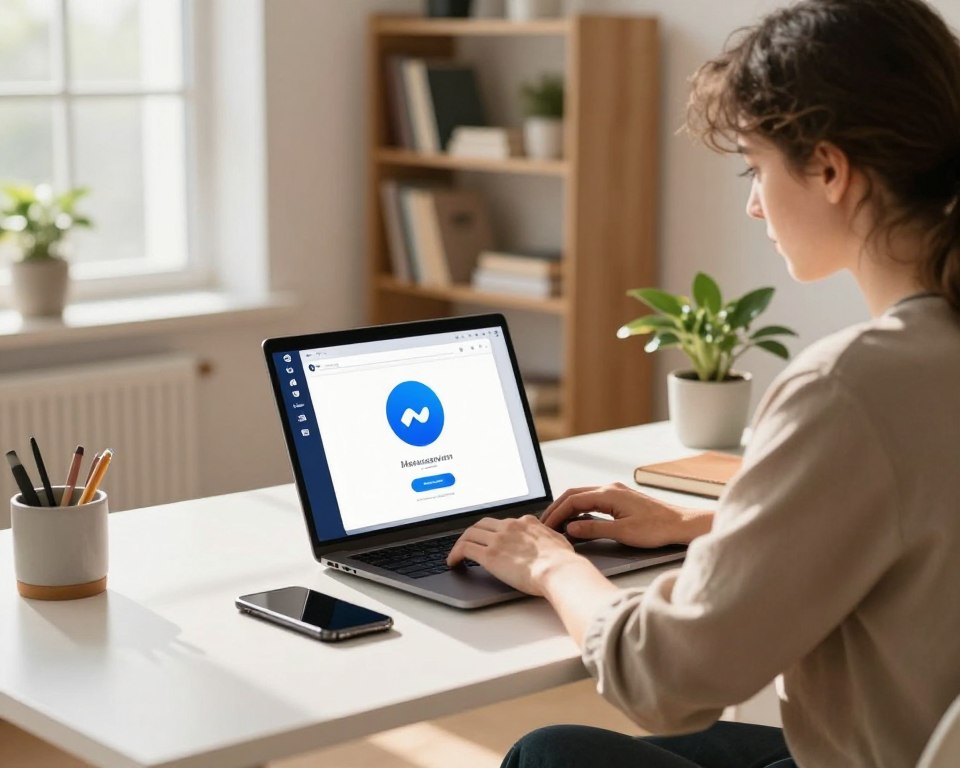 A modern workspace scene featuring a young adult, casually dressed in professional attire, focused on a laptop screen displaying the Messenger app interface without Facebook integration. In the foreground, the individual is seated at a stylish desk with various tech accessories like a smartphone and notebook. The middle layer includes a bright, inviting room, with natural light streaming through a large window, casting soft shadows. In the background, there’s a cozy bookshelf filled with books and plants, enhancing the ambiance of productivity and knowledge. The atmosphere is one of exploration and curiosity, highlighting the simplicity of setting up Messenger independently. Ideal lighting conditions create a warm, welcoming mood, emphasizing the ease of the process.